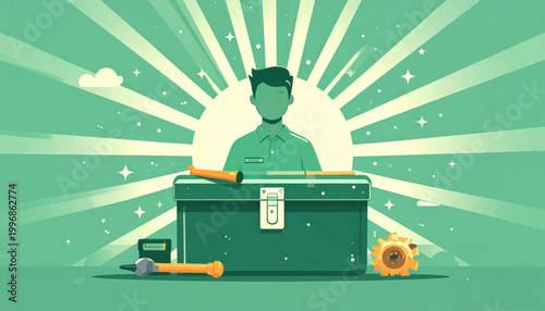 Man Emerging from Toolbox with Tools Nearby.