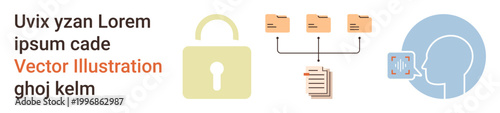 Cybersecurity, data protection, file management, identity verification, data organization, biometrics. Lock icon, linked folders and facial recognition scan. Cybersecurity and data protection ion