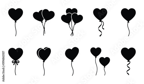 Photos Black Heart Balloons Vector Icons Set, Romantic Celebration Party Symbols, Love