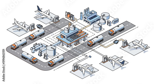 Isometric vector illustration showcasing an airport building and airplane runway with fuel trucks and planes against a white background, designed with a clean, modern aesthetic and a muted