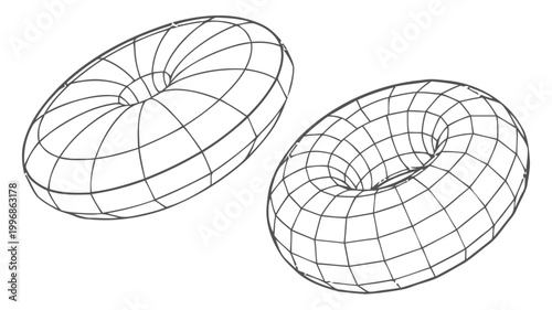 Wireframe torus shapes 3d donut objects with grid lines on white background geometric forms