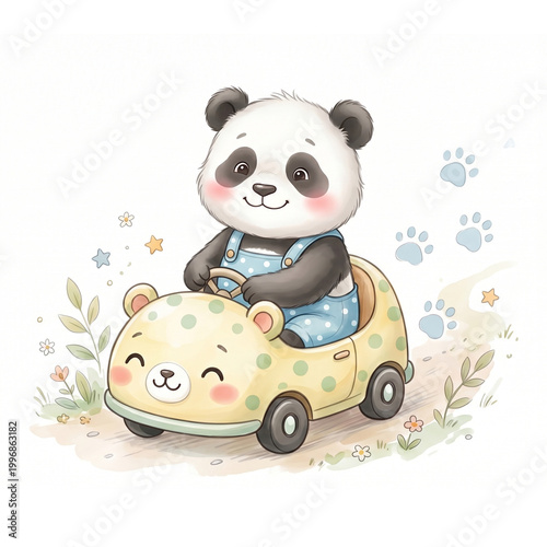 The panda is sitting in a whimsical toy car in a soft watercolor and digital painting style
