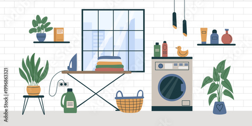 Laundry room interior with ironing board and washing machine. Laundry background2.