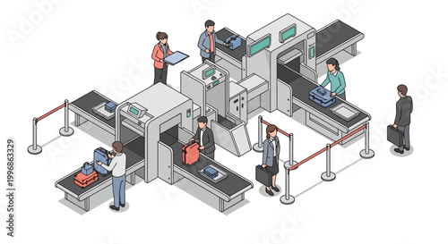Isometric vector illustration of people going through airport passenger screening, featuring a watchtower and waiting room in a clean, modern design against a bright white background