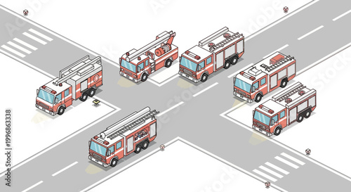 Isometric vector illustration featuring several red and white fire trucks positioned at a four-way intersection, designed in a cartoon style with a light and airy color palette