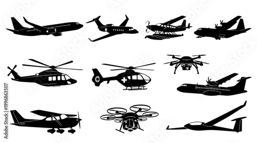 Aviation Vehicles Black Silhouette Vector Icons Set - Airplanes, Helicopters, Drones