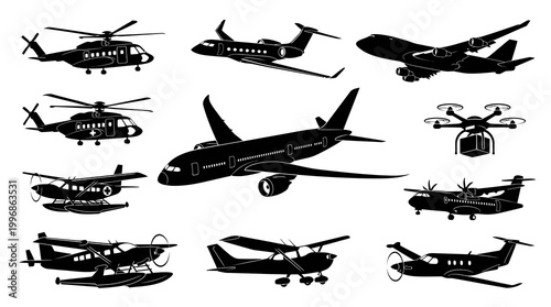 Aviation Aircraft Black and White Silhouette Icons - Helicopters, Airplanes, Drones Vector Set