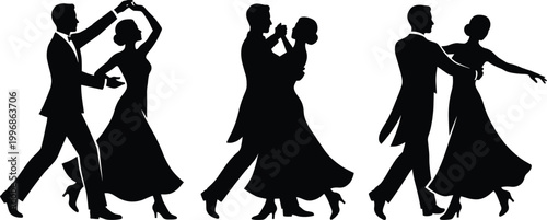 Elegant ballroom dancers silhouettes set, graceful couples dancing waltz and tango in formal attire, isolated black vector illustrations for wedding invitations and gala events