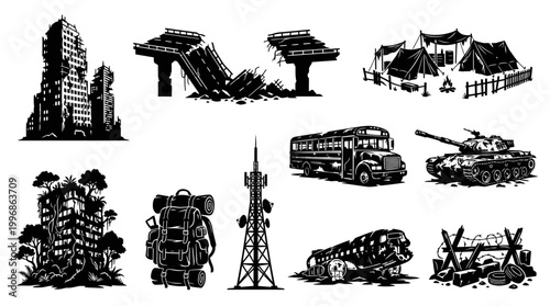 Post-Apocalyptic Survival Elements Black and White Silhouette Icon Set