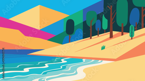 Illustration Of A Combination Of Desert, Sea And Forest Vector Design Template