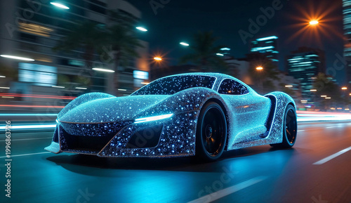Futuristic car driving on city streets at night