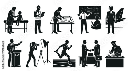 Diverse Professions Black  White Silhouette Icons Set: Careers  Occupations Glyph Vector