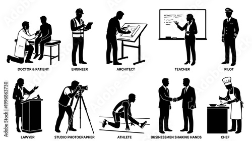 Black and White Glyph Icons of Professions: Doctor, Engineer, Architect, Teacher, Pilot, Lawyer, Photographer, Athlete, Businessman, Chef