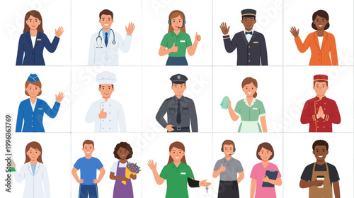 Diverse professionals waving hello, flat vector illustration