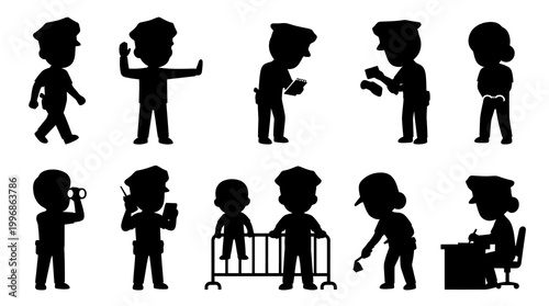 Black Silhouette Police Officers in Various Poses Vector Illustration