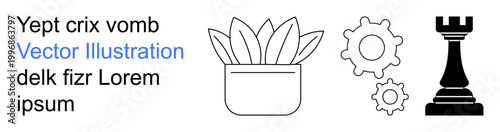 Hobbies, strategy, teamwork, gardening, mechanics, and creativity. a plant in a pot, two mechanical gears and a chess rook. gardening and strategic thinking concepts