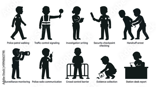 Police officer icons: security, law enforcement, safety, law, vector art