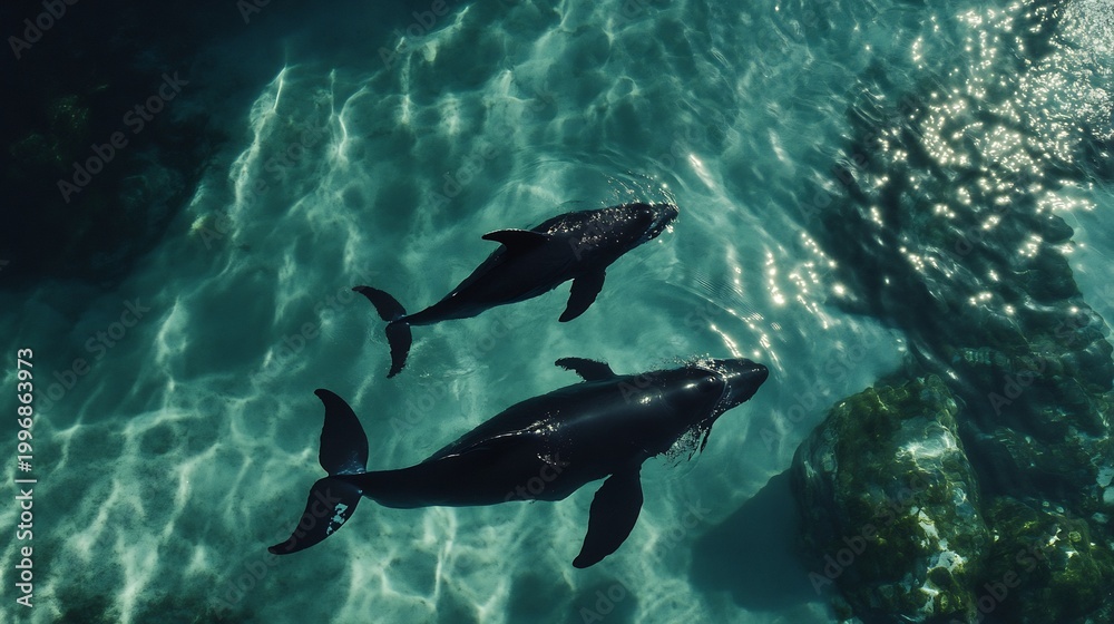 Fototapeta premium Two Black Whales Swimming Underwater in Ocean with Sunlight