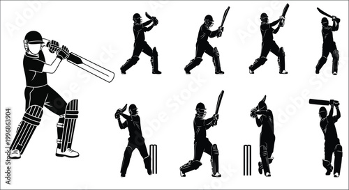 cricket player silhouettes in various batting stances