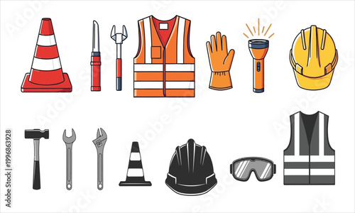 construction safety equipment icons set on white background
