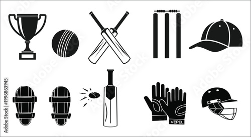 cricket equipment icons set on white background