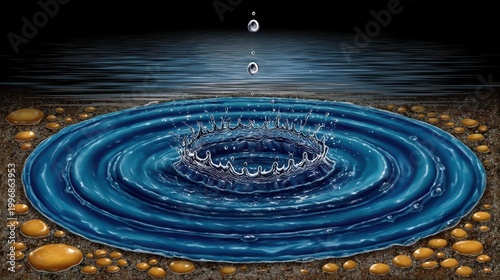 Dark Blue Water Droplet Impacting Puddle on Pebbles