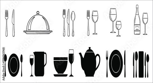 dining utensils and tableware icons in black and white