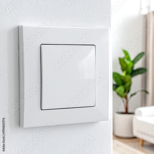 Close-up of a square, white electric switch mounted on a white wall. Soft-focus background shows interior with plant and furniture