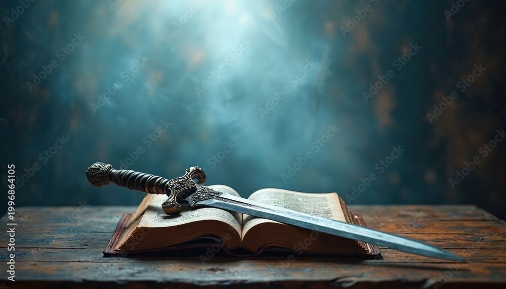 Fototapeta premium Antique sword rests on open book pages, suggesting a conflict between faith and war, knowledge and power. This represents historical battles or current ideological struggles. A dramatic scene.