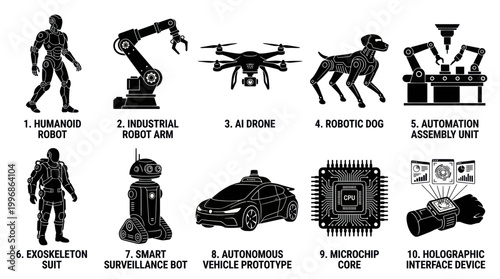 Futuristic Robots and Technology: Humanoid, Drone, AI, Microchip, Hologram