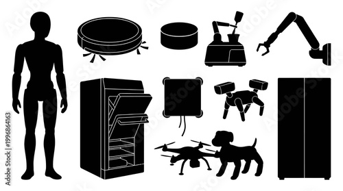Black Silhouette Icons: Robot Dog, Drone, Arm, Appliance, Dummy, Vacuum