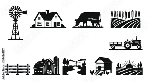 Farm Icons: Black and White Vector Set - Rural Landscape, Animals, Buildings, Tractor