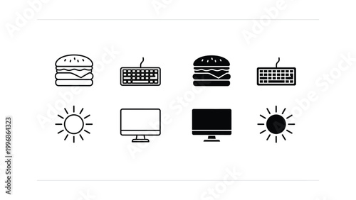 Contrast of food and technology icons with sunny and moonlit backgrounds.