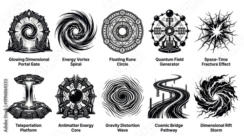 Sci-Fi Fantasy Abstract Line Art Glyphs  Icons Set: Cosmic Tech Elements  Effects