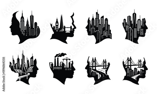 Konstfotografi Cityscape Silhouettes, Urban Mindscapes, and Architectural Profiles Vector Set: