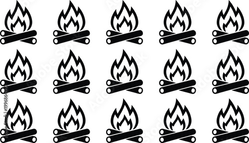Black and white campfire outline icons pattern grid on white background for camping outdoor adventure symbols wood fire logs set graphic design
