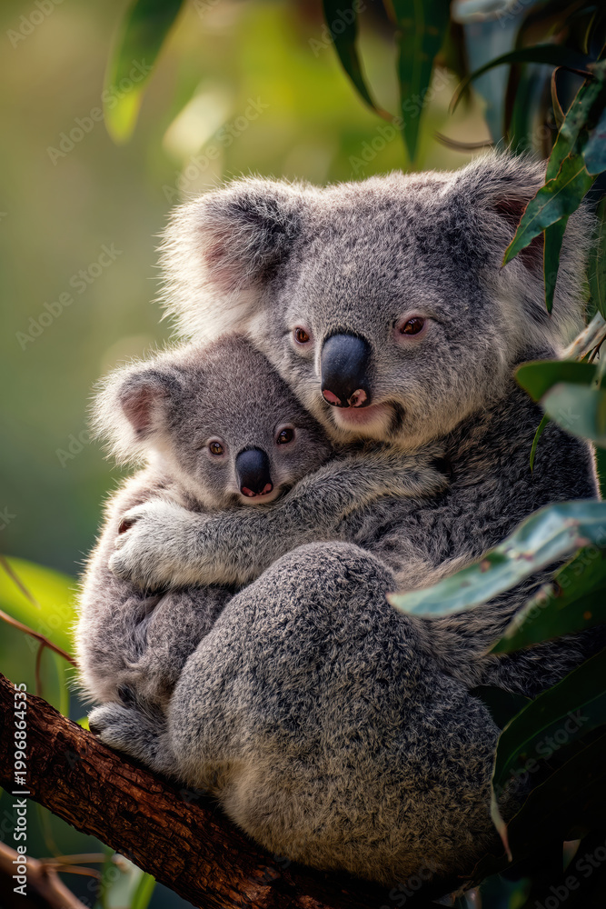Fototapeta premium a koala and her baby. the background is bright green jungle.