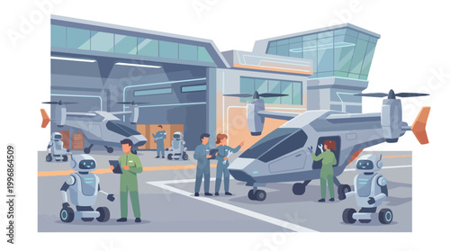 Futuristic Vertiport Scene with Electric VTOL Aircraft and Diverse Workers Inspecting Air Taxis for Urban Air Mobility