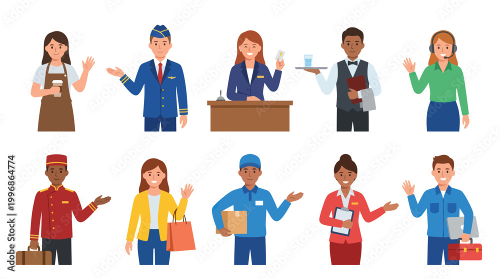 Fototapeta premium Diverse service professionals in flat design: barista, pilot, waitress, waiter, operator, bellhop, courier, saleswoman