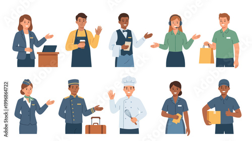 Diverse service workers: hospitality, delivery, call center, chef