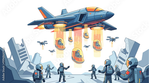 Futuristic Air Force Deployment Illustration Vector Graphic Featuring Workers Descending from Aircraft