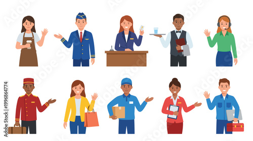 Diverse service professionals in flat design: barista, pilot, waitress, waiter, operator, bellhop, courier, saleswoman