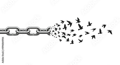 Black and white illustration of birds flying out of a broken chain link on a plain white background