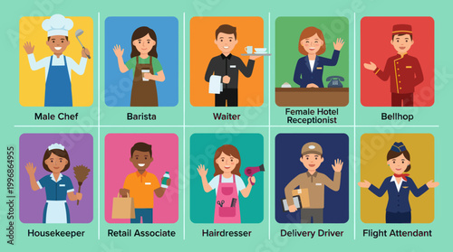Flat Design Vector Characters of Diverse Service Industry Professionals and Occupations