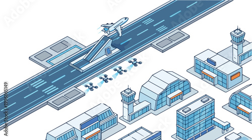 Airport Infrastructure Illustration with Airplane Takeoff and Drone Delivery Services Representing Modern Aviation Technology