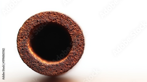 Close up of rusty pipe interior with textured surface and shadow effects