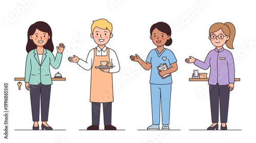 Flat Illustration of Diverse Service Professionals in Professional Settings