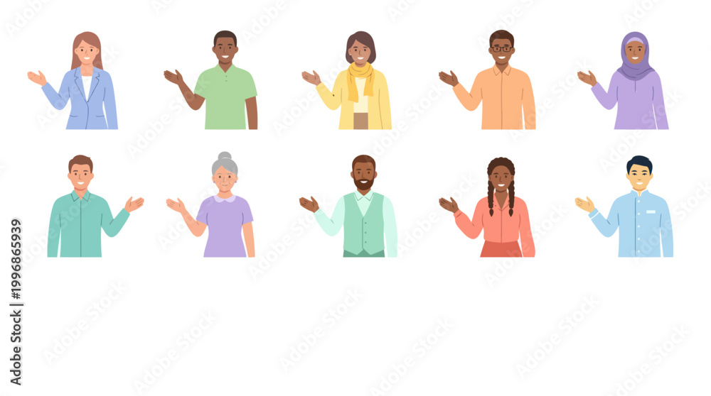 Fototapeta premium Diverse Business People Presenting Welcome Gesture Flat Vector Icons Set