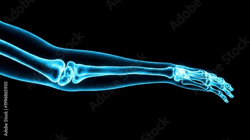 Blue Glowing X ray Illustration of Human Arm and Hand Skeleton on Black Background