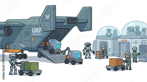 Future Logistics Hub Illustration Depicting Automated Workers Unloading Cargo from a Space Transport Aircraft
